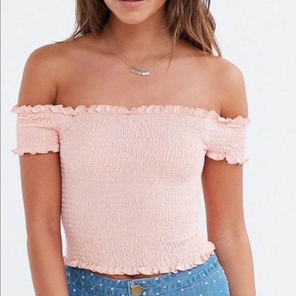 pink smocked off the shoulder top